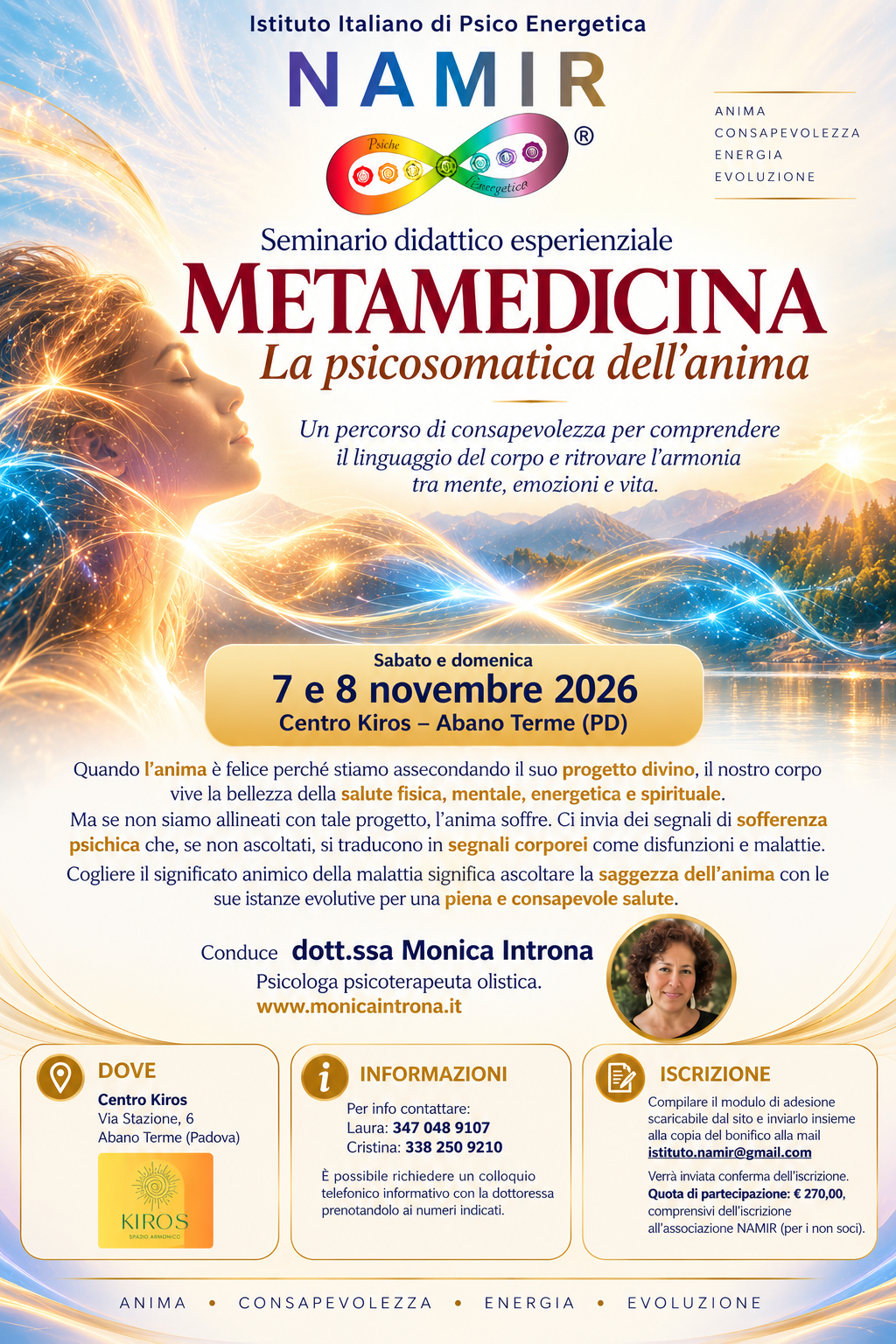 Locandina del seminario Metamedicina – La psicosomatica dell'anima, 7 e 8 novembre 2026, Centro Kiros, Abano Terme
